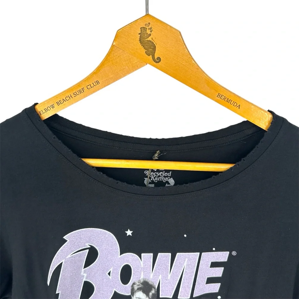 NWT Recycled Karma David Bowie Chewed Neck and Sleeve Cuff Graphic Band Tee READ - Picture 3 of 8